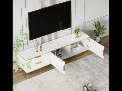 Mueble para TV con 2 puertas y 2 cajones - 175x40x45cm - madera MDF - tiradores y pies dorados - tapa con diseño de mármol - blanco