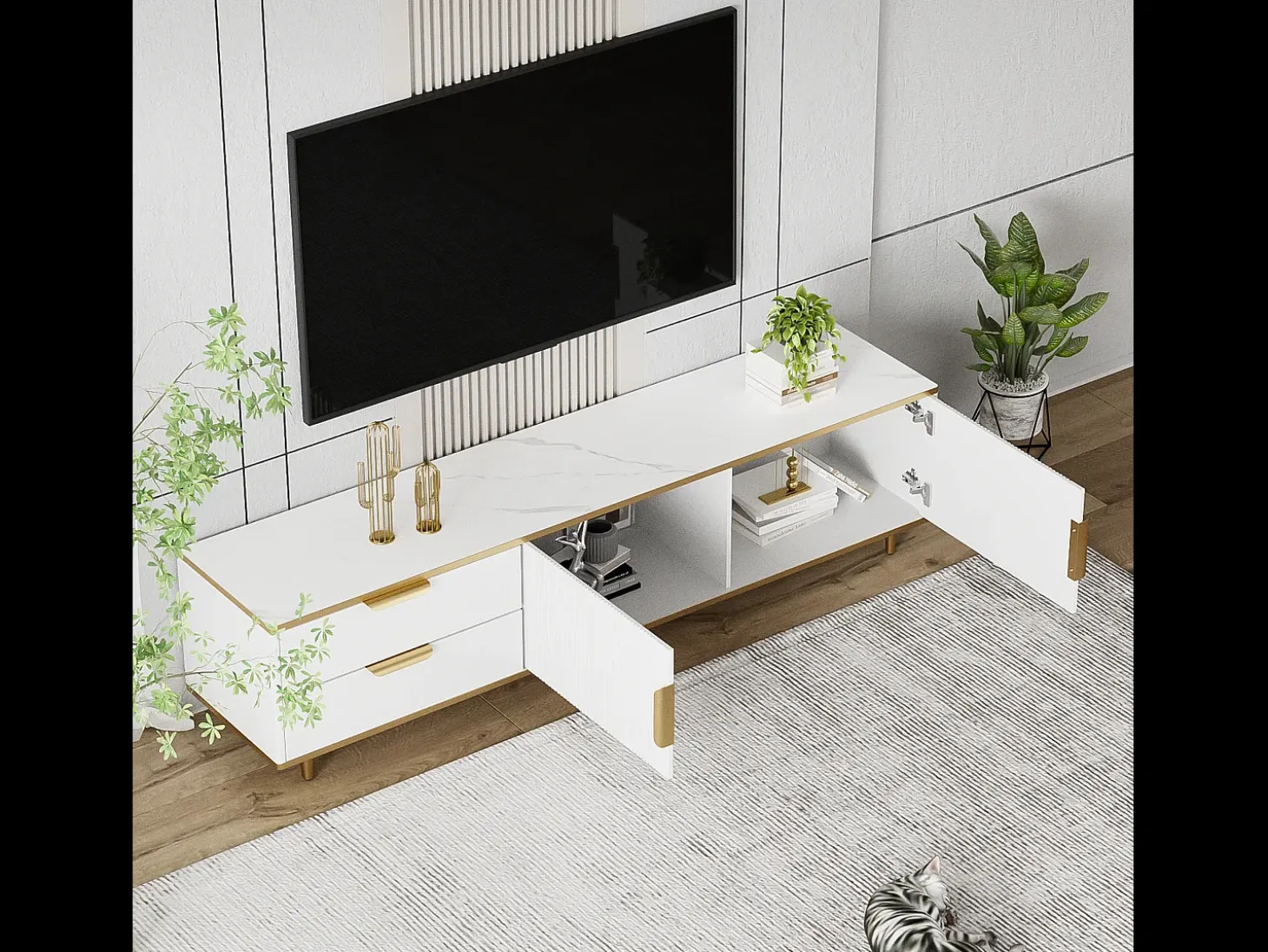 Mueble para TV con 2 puertas y 2 cajones - 175x40x45cm - madera MDF - tiradores y pies dorados - tapa con diseño de mármol - blanco