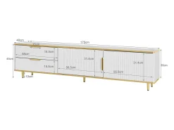 Mueble para TV con 2 puertas y 2 cajones - 175x40x45cm - madera MDF - tiradores y pies dorados - tapa con diseño de mármol - blanco