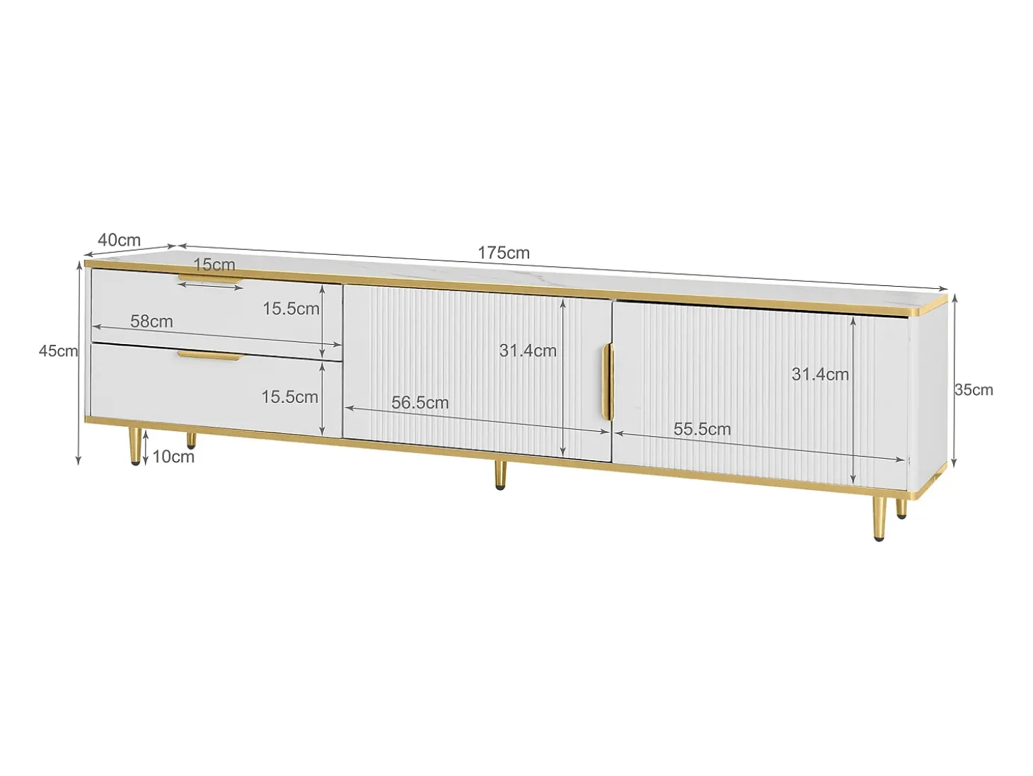 Mueble para TV con 2 puertas y 2 cajones - 175x40x45cm - madera MDF - tiradores y pies dorados - tapa con diseño de mármol - blanco