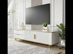 Mueble para TV con 2 puertas y 2 cajones - 175x40x45cm - madera MDF - tiradores y pies dorados - tapa con diseño de mármol - blanco