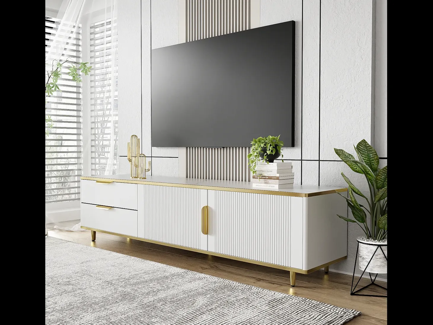 Mueble para TV con 2 puertas y 2 cajones - 175x40x45cm - madera MDF - tiradores y pies dorados - tapa con diseño de mármol - blanco