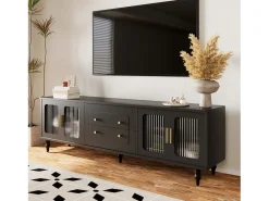 Mueble para TV con 4 puertas de cristal y 2 cajones - 175x38x55,5cm - Tablero de partículas - Tiradores dorados - negro
