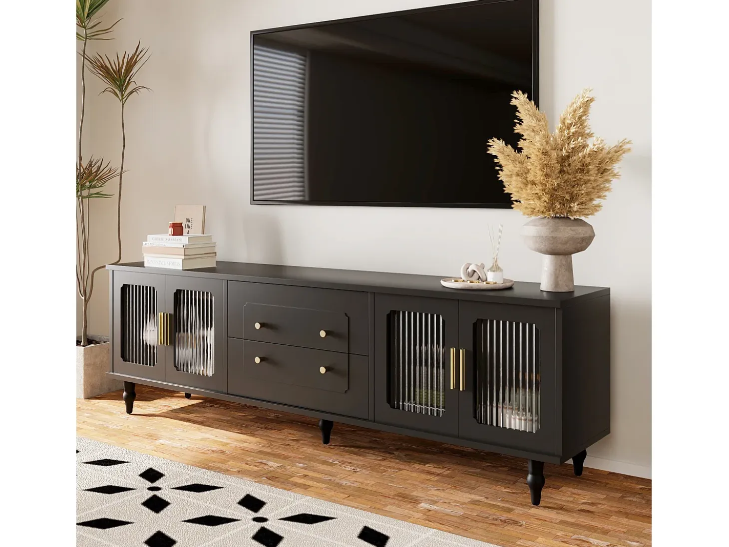 Mueble para TV con 4 puertas de cristal y 2 cajones - 175x38x55,5cm - Tablero de partículas - Tiradores dorados - negro