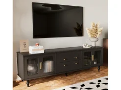 Mueble para TV con 4 puertas de cristal y 2 cajones - 175x38x55,5cm - Tablero de partículas - Tiradores dorados - negro