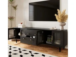 Mueble para TV con 4 puertas de cristal y 2 cajones - 175x38x55,5cm - Tablero de partículas - Tiradores dorados - negro