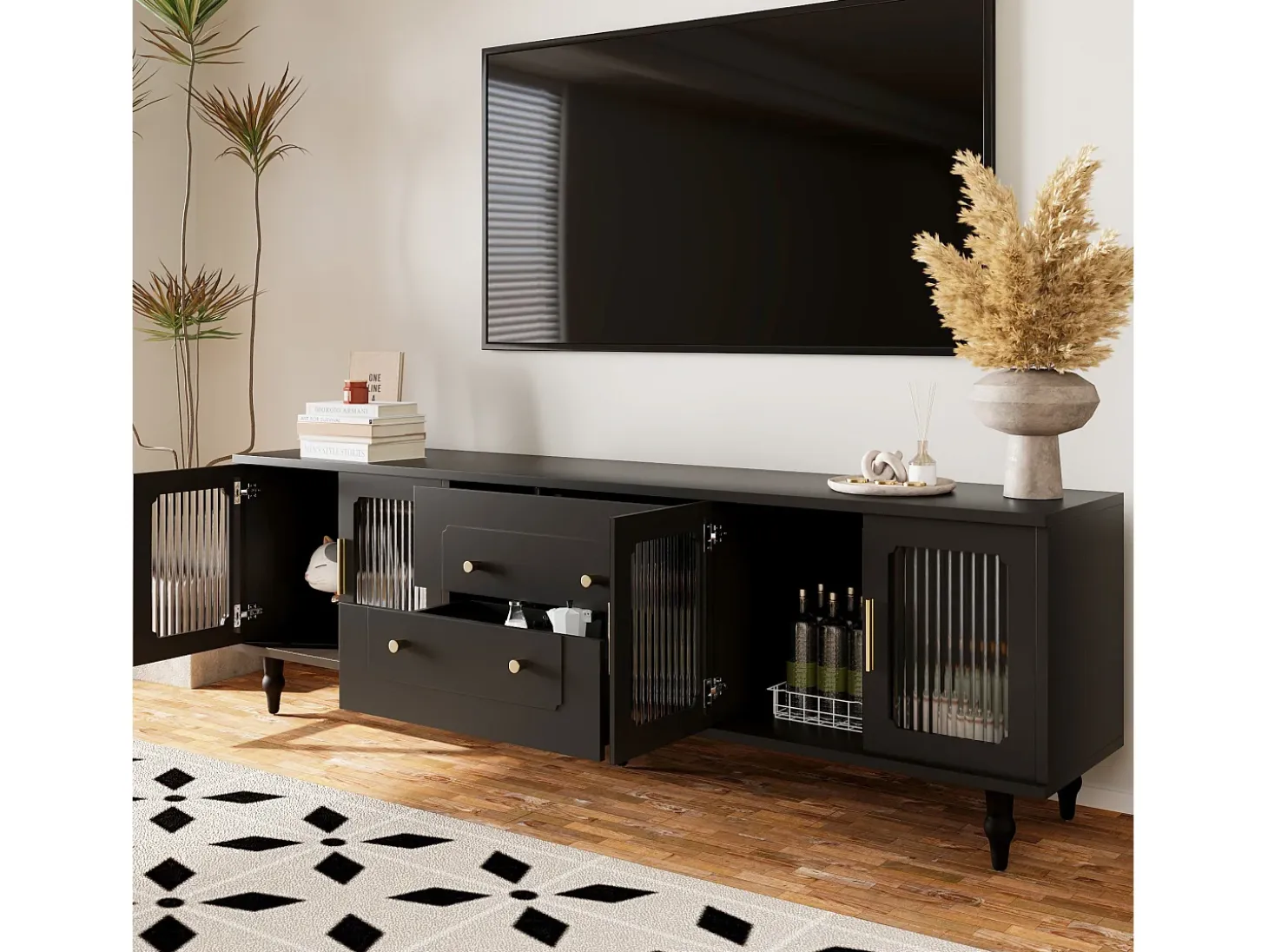 Mueble para TV con 4 puertas de cristal y 2 cajones - 175x38x55,5cm - Tablero de partículas - Tiradores dorados - negro