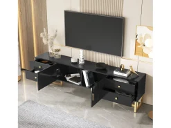 Mueble para TV con 2 puertas y 4 cajones - 175 x 30 x 46 cm - madera MDF, patas y tiradores de metal dorado - negro