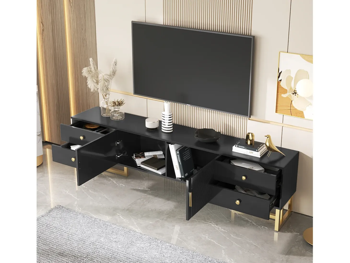 Mueble para TV con 2 puertas y 4 cajones - 175 x 30 x 46 cm - madera MDF, patas y tiradores de metal dorado - negro