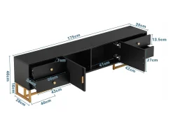 Mueble para TV con 2 puertas y 4 cajones - 175 x 30 x 46 cm - madera MDF, patas y tiradores de metal dorado - negro