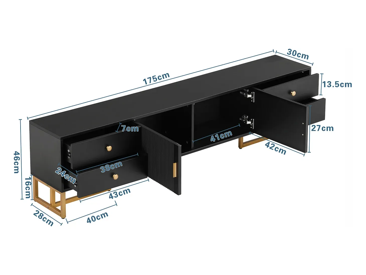 Mueble para TV con 2 puertas y 4 cajones - 175 x 30 x 46 cm - madera MDF, patas y tiradores de metal dorado - negro