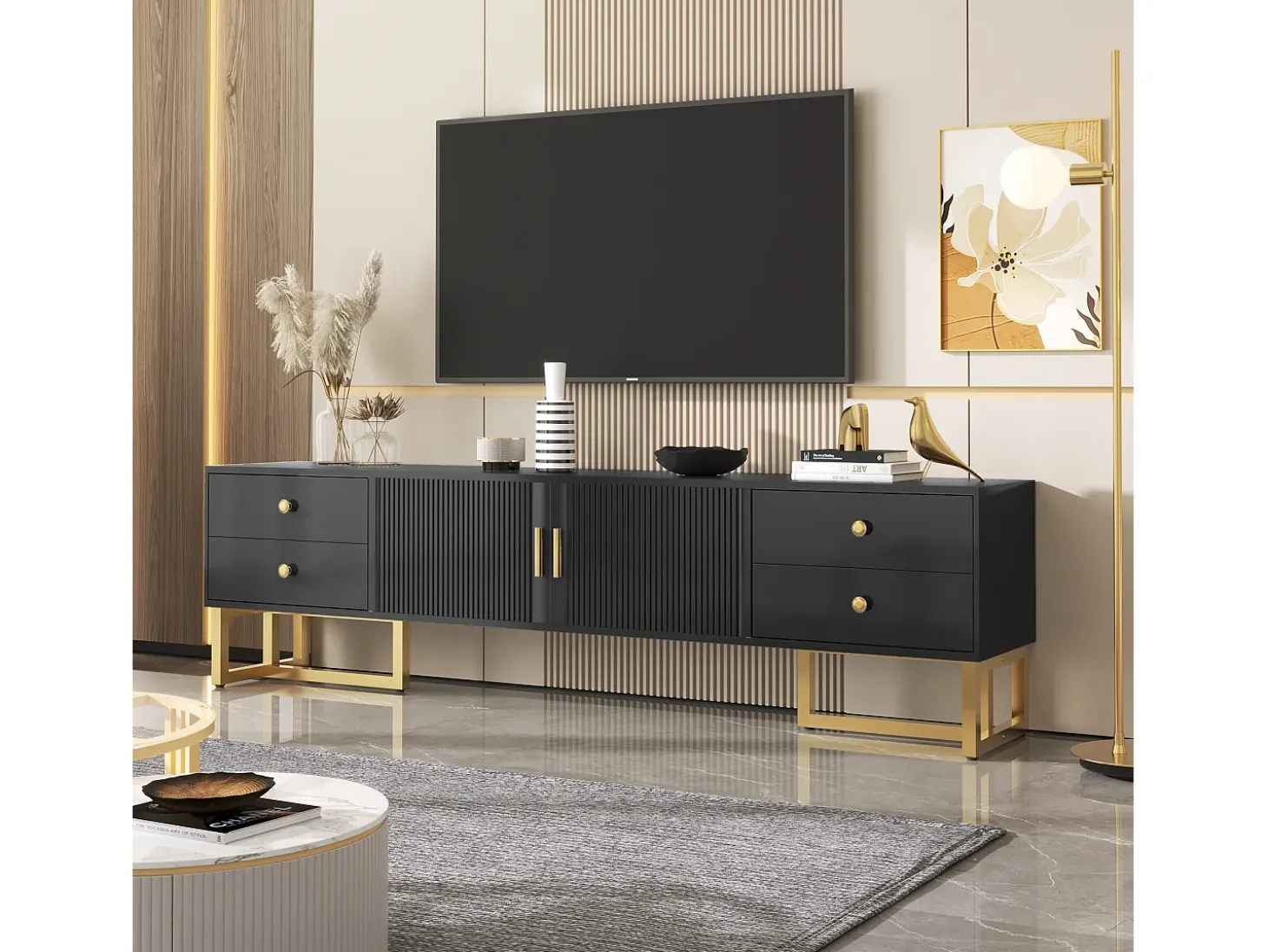 Mueble para TV con 2 puertas y 4 cajones - 175 x 30 x 46 cm - madera MDF, patas y tiradores de metal dorado - negro