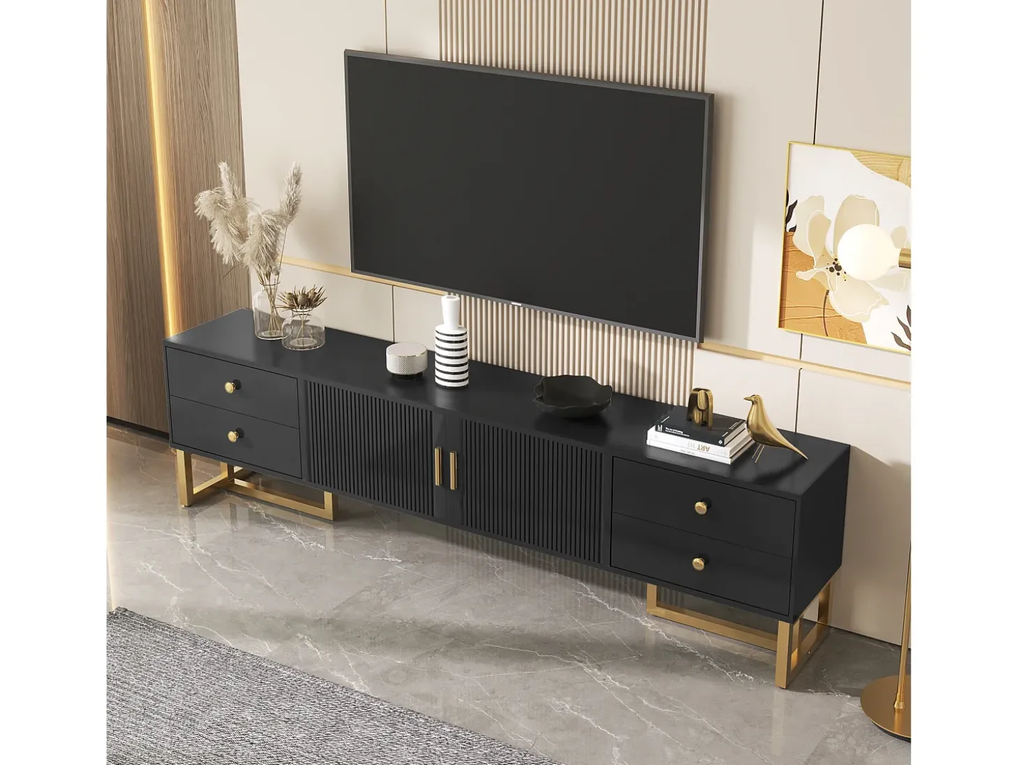 Mueble para TV con 2 puertas y 4 cajones - 175 x 30 x 46 cm - madera MDF, patas y tiradores de metal dorado - negro