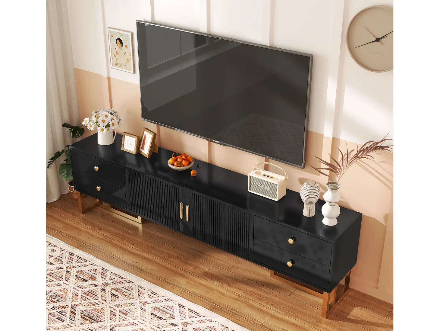 Mueble para TV con 2 puertas y 4 cajones - 175 x 30 x 46 cm - madera MDF, patas y tiradores de metal dorado - negro
