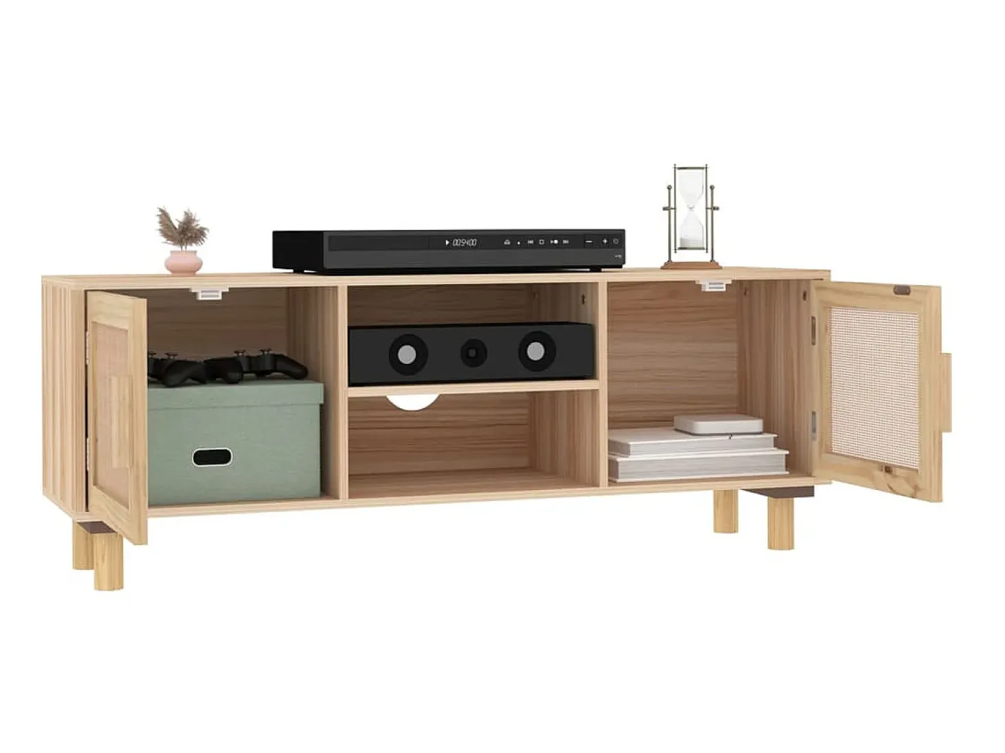 Mueble para TV madera maciza pino y ratán natural 105x30x40 cm ES27263