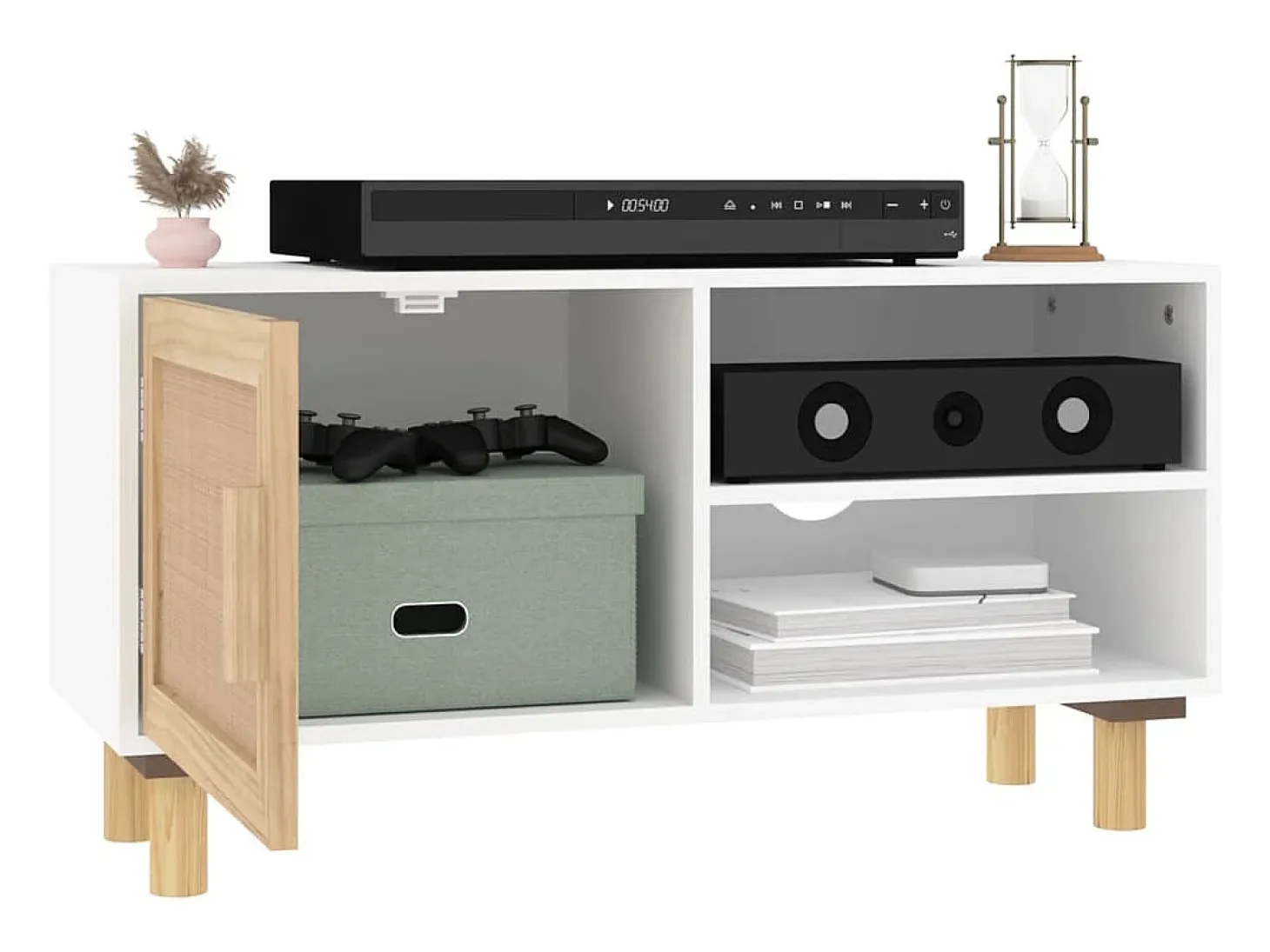 Mueble para TV madera maciza pino y ratán natural 80x30x40 cm