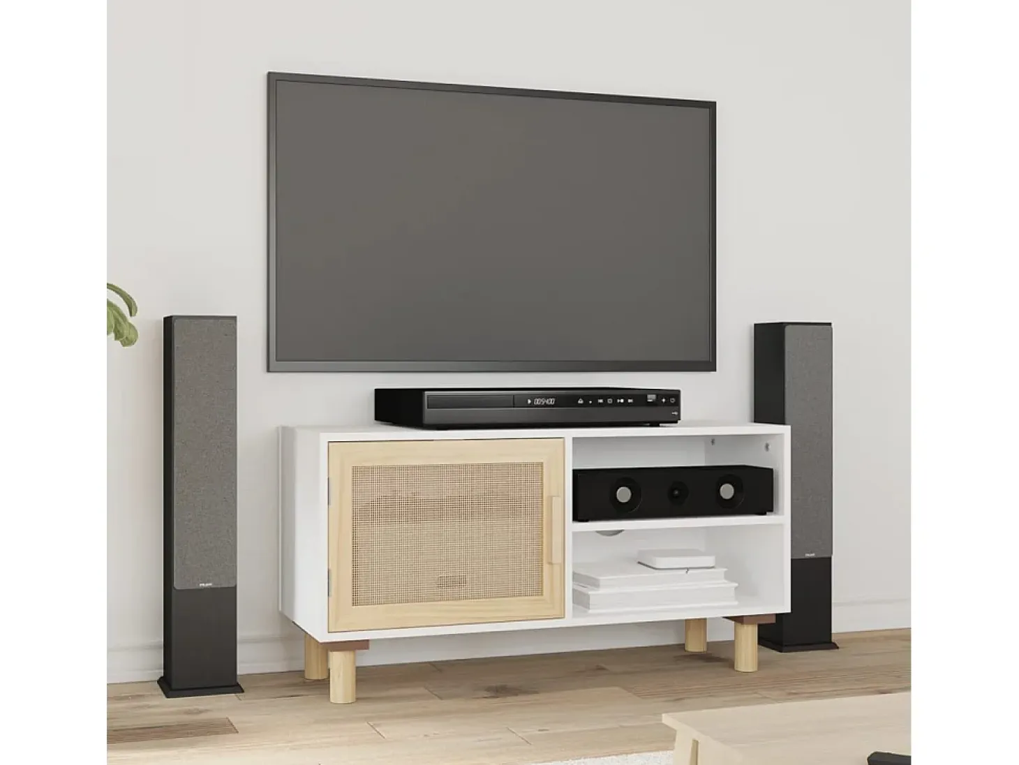 Mueble para TV madera maciza pino y ratán natural 80x30x40 cm