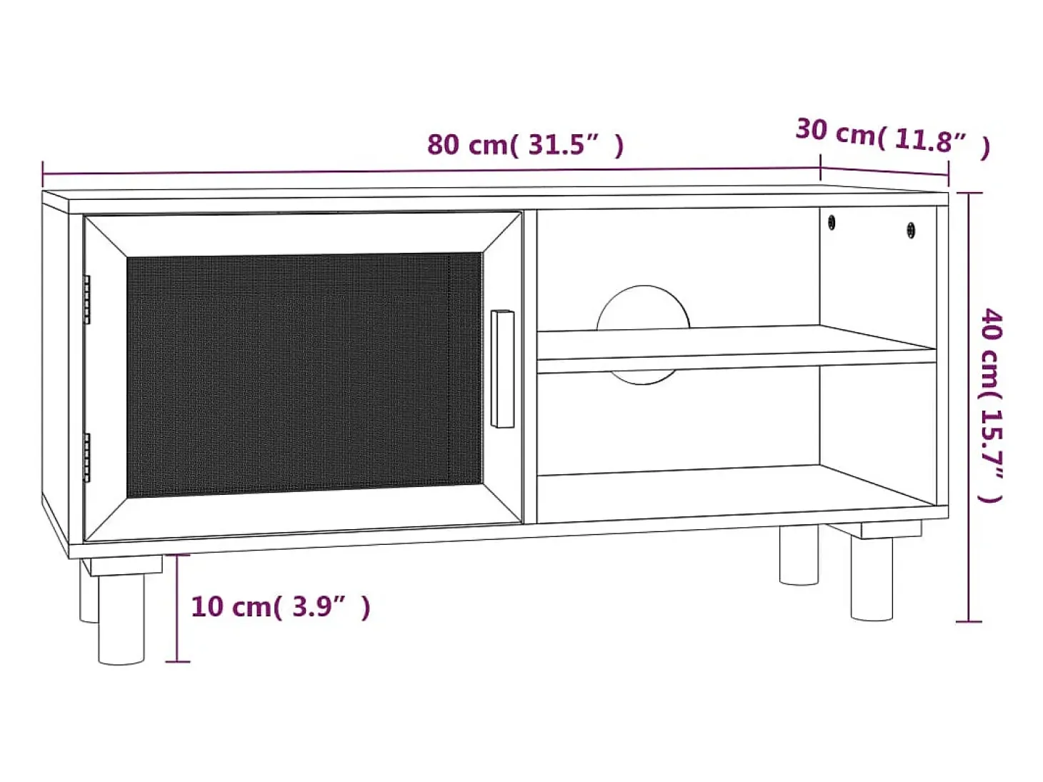 Mueble para TV madera maciza pino y ratán natural 80x30x40 cm