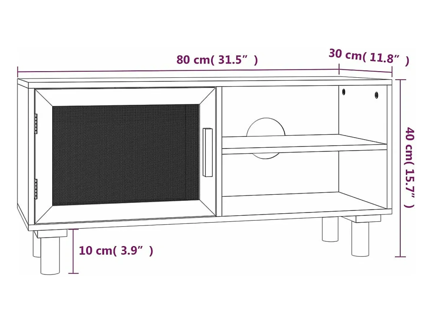 Mueble para TV madera maciza pino y ratán natural 80x30x40 cm