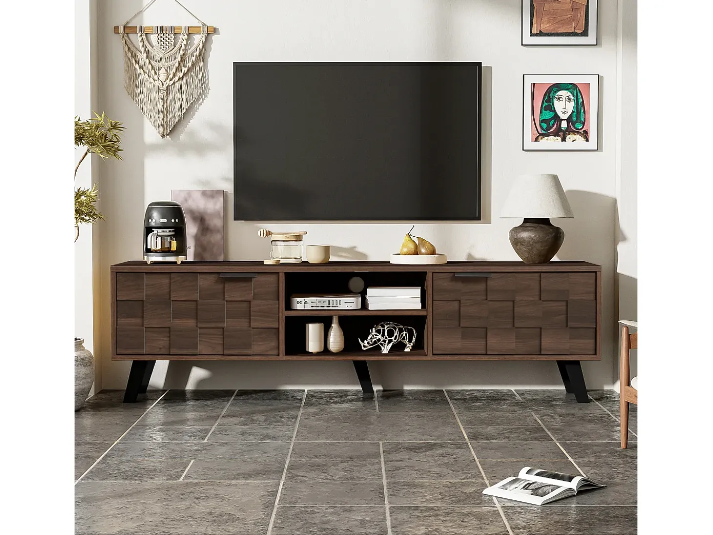 Mueble para TV moderno - con 2 puertas y 2 compartimentos abiertos - Marrón