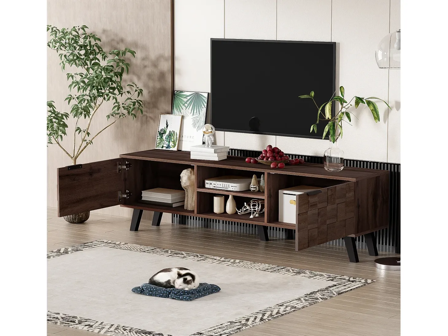 Mueble para TV moderno - con 2 puertas y 2 compartimentos abiertos - Marrón