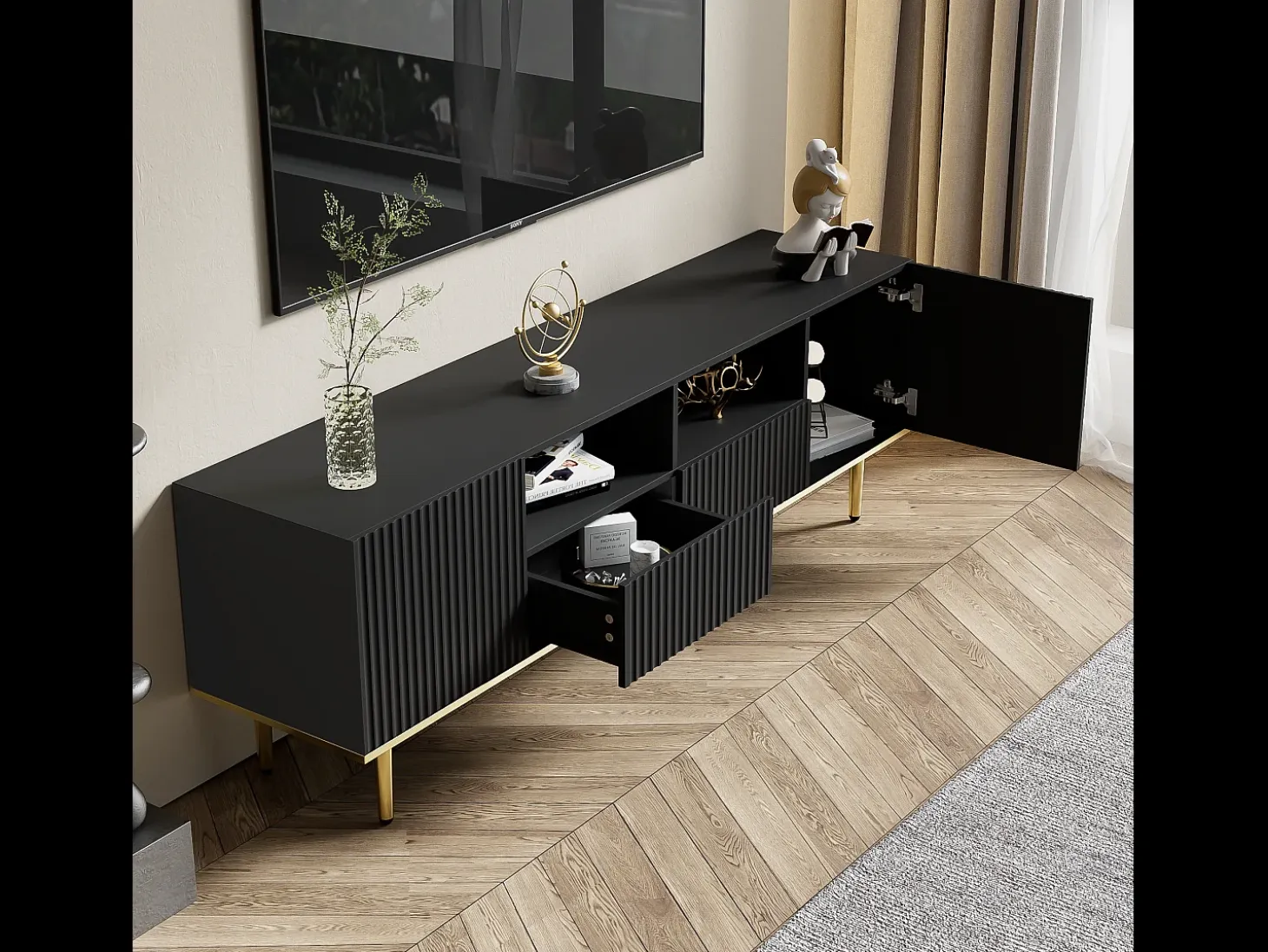 Mueble para TV moderno - con 2 puertas y 2 cajones - patas de metal - Negro