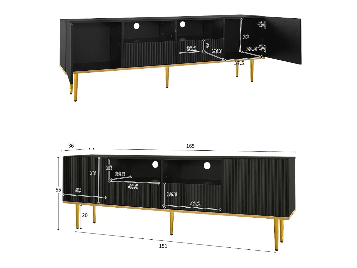 Mueble para TV moderno - con 2 puertas y 2 cajones - patas de metal - Negro
