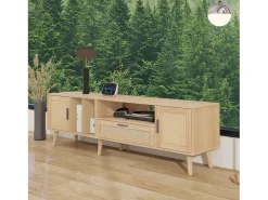 Mueble para TV, Mueble para TV de 180 cm con 2 puertas y cajón, Para televisores de hasta 80", Madera maciza, Roble