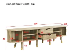 Mueble para TV 175x38x45 cm - 2 puertas correderas de ratán - 2 cajones - Natural