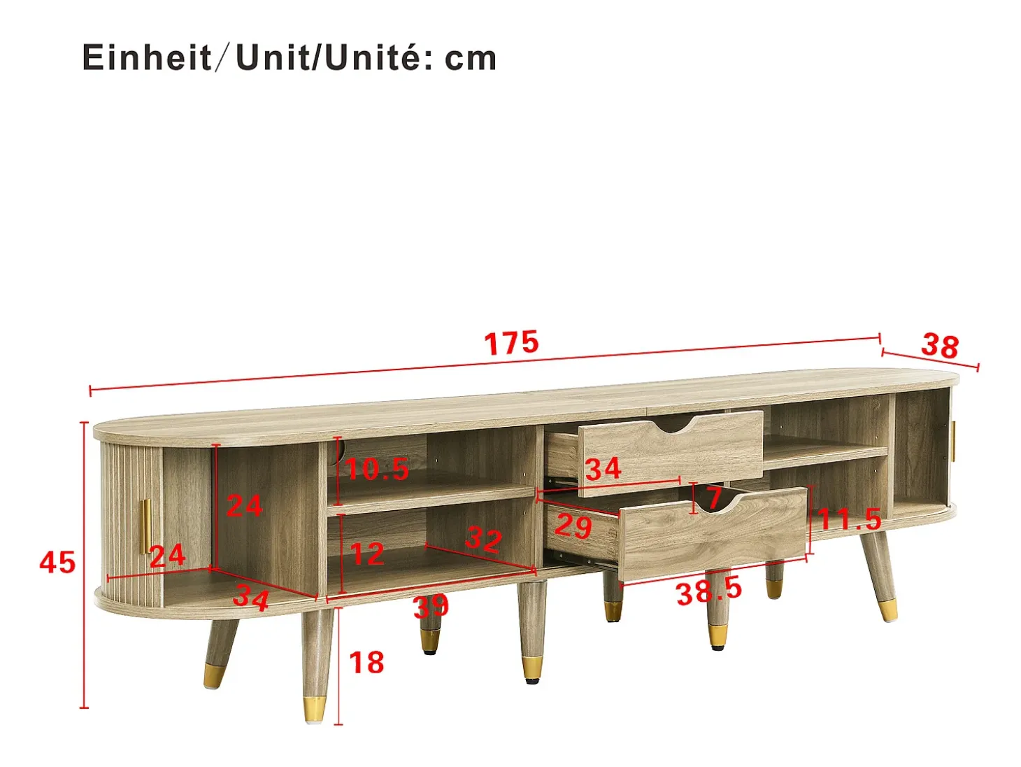 Mueble para TV 175x38x45 cm - 2 puertas correderas de ratán - 2 cajones - Natural