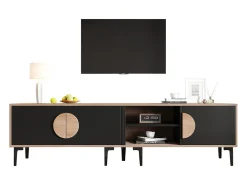 Mueble para TV 180x35x49 cm - con 3 puertas - Estantes abiertos - Paneles de partículas - Natural y negro
