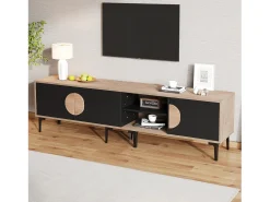 Mueble para TV 180x35x49 cm - con 3 puertas - Estantes abiertos - Paneles de partículas - Natural y negro