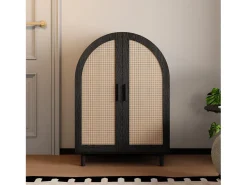 Mueble para zapatos 70×40×100 cm - exterior curvado - 2 puertas de ratán - 3 estantes - natural + negro