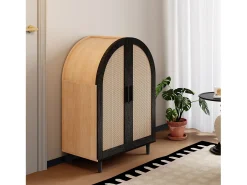 Mueble para zapatos 70×40×100 cm - exterior curvado - 2 puertas de ratán - 3 estantes - natural + negro