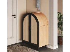Mueble para zapatos 70×40×100 cm - exterior curvado - 2 puertas de ratán - 3 estantes - natural + negro