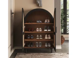 Mueble para zapatos 70×40×100 cm - exterior curvado - 2 puertas de ratán - 3 estantes - natural + negro