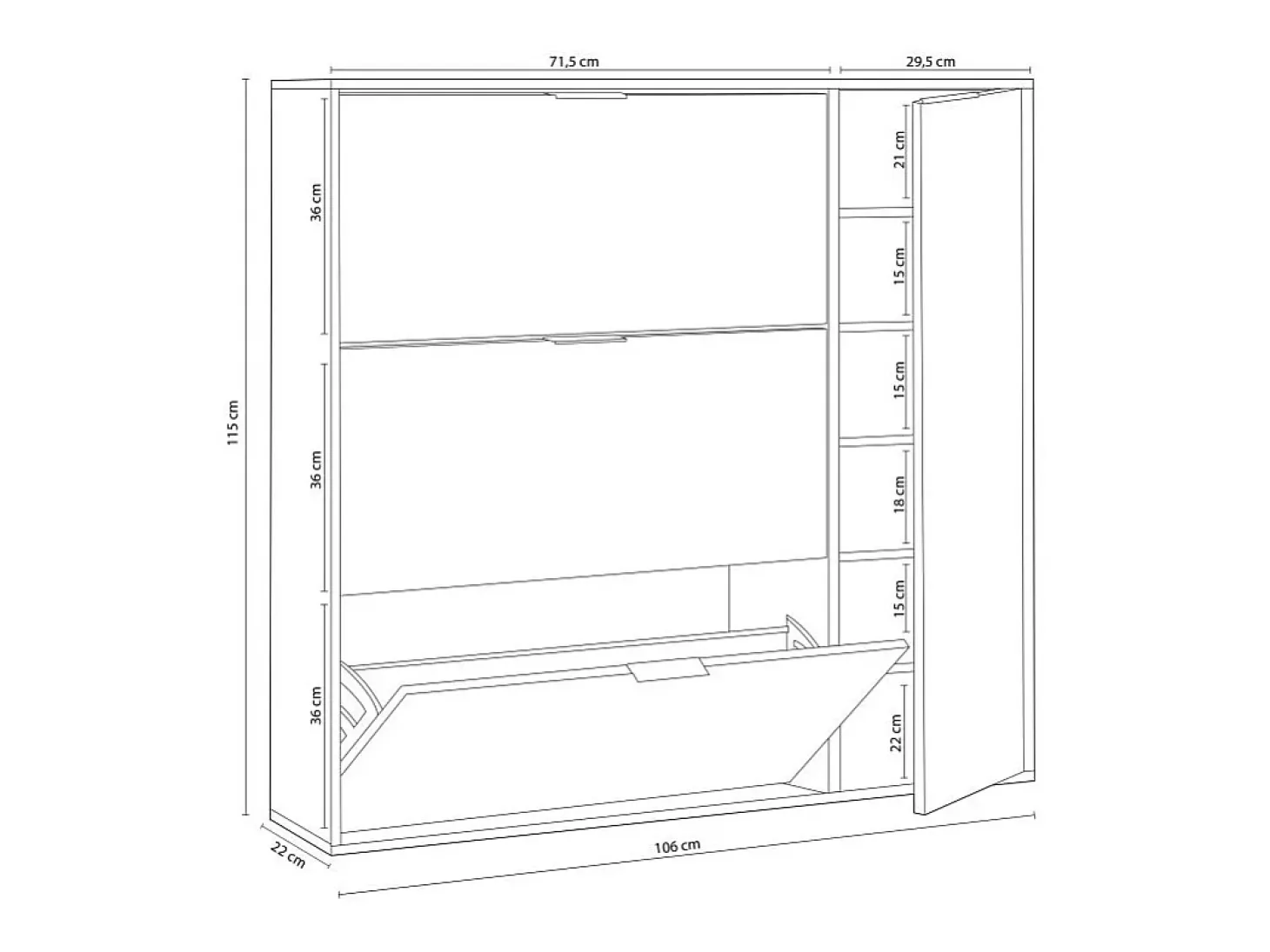 Mueble para zapatos de 3 abatibles y 1 puerta, 30 pares - L106 cm