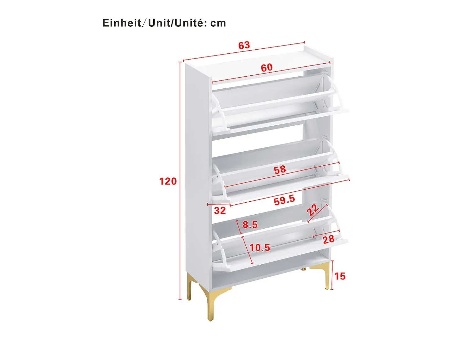 Mueble para zapatos moderno 63x24x120 cm - 3 niveles de almacenamiento - Patas de metal - MDF - Blanco
