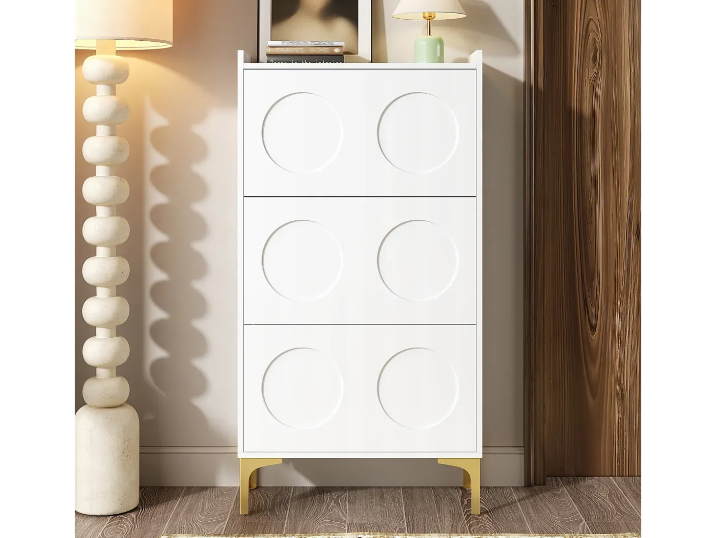 Mueble para zapatos moderno 63x24x120 cm - 3 niveles de almacenamiento - Patas de metal - MDF - Blanco