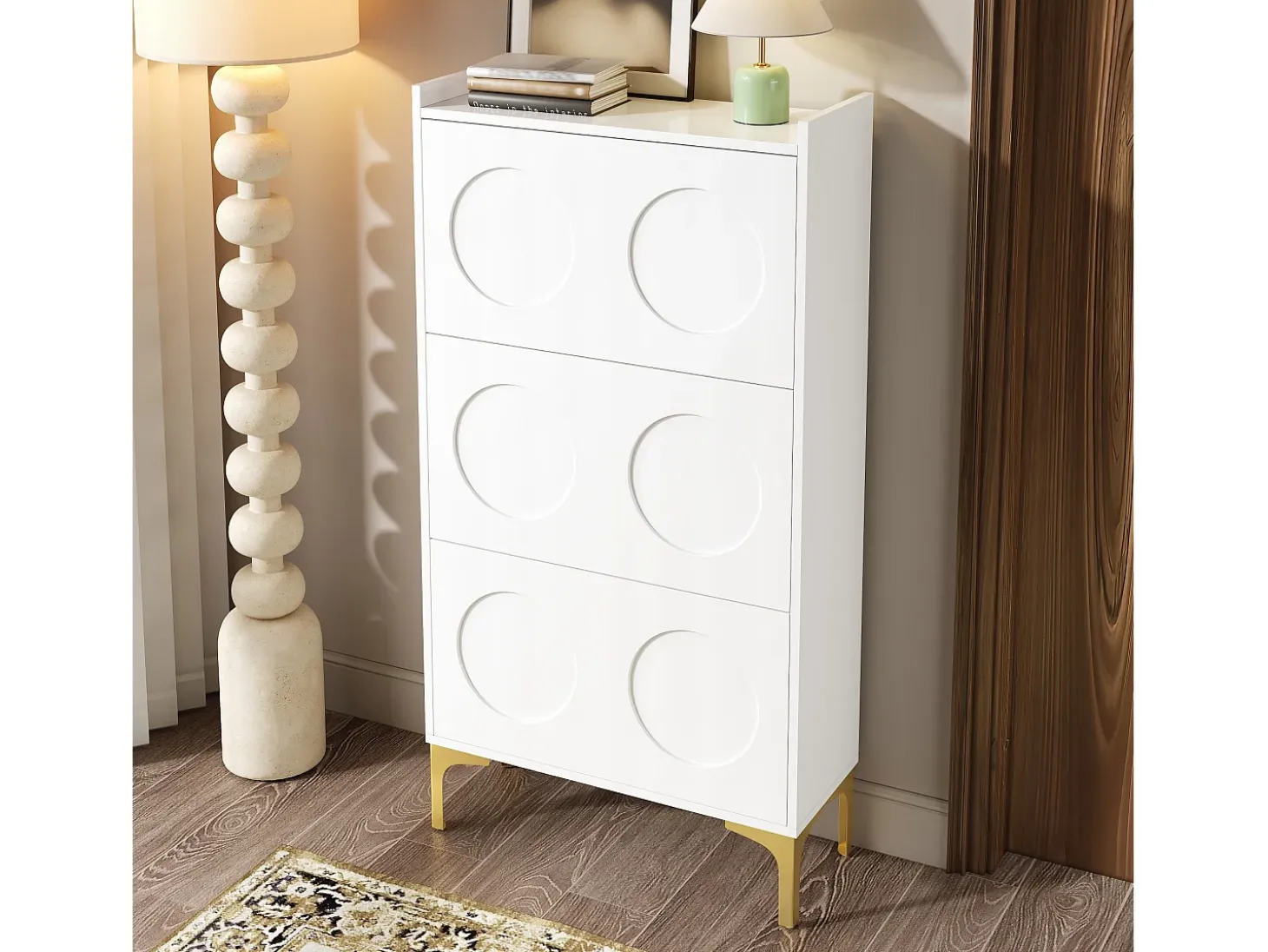 Mueble para zapatos moderno 63x24x120 cm - 3 niveles de almacenamiento - Patas de metal - MDF - Blanco