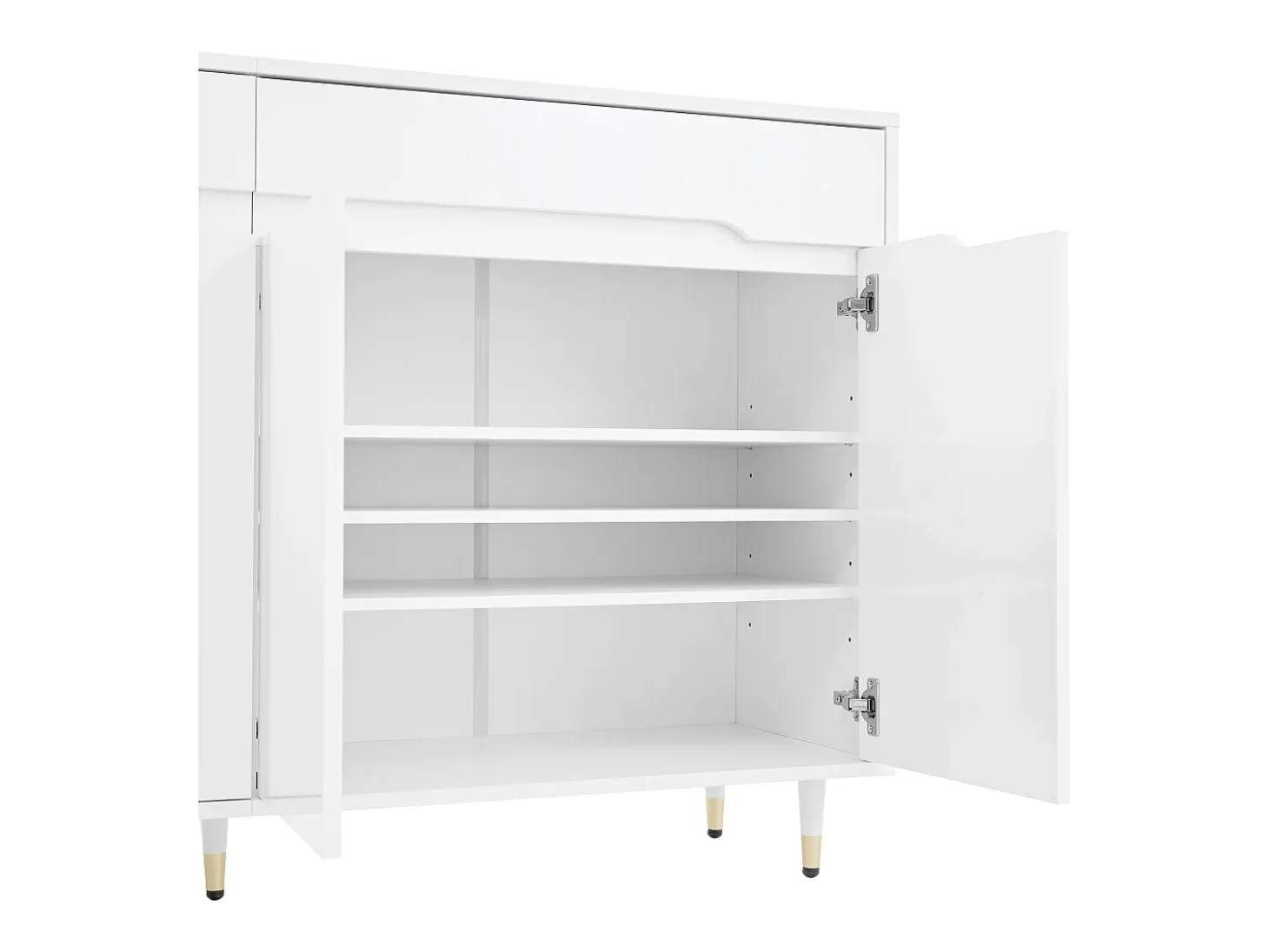 Mueble para zapatos moderno 140x39x84 cm - 2 puertas y 2 cajones - Estantes ajustables - Patas doradas - Blanco
