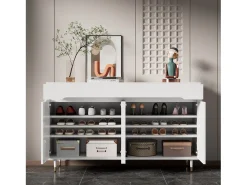 Mueble para zapatos moderno 140x39x84 cm - 2 puertas y 2 cajones - Estantes ajustables - Patas doradas - Blanco