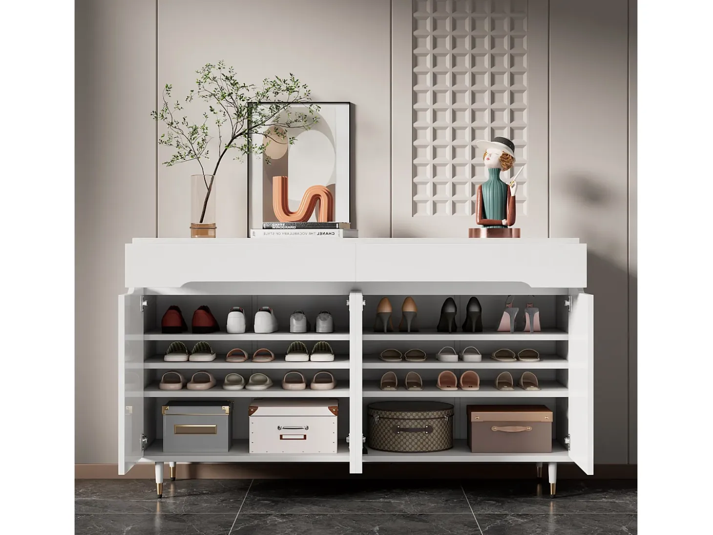Mueble para zapatos moderno 140x39x84 cm - 2 puertas y 2 cajones - Estantes ajustables - Patas doradas - Blanco
