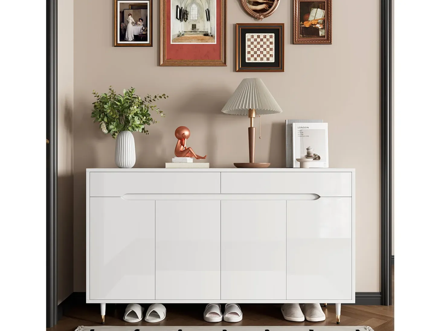 Mueble para zapatos moderno 140x39x84 cm - 2 puertas y 2 cajones - Estantes ajustables - Patas doradas - Blanco