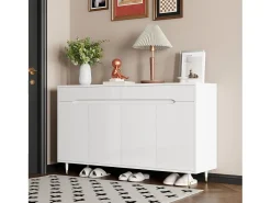 Mueble para zapatos moderno 140x39x84 cm - 2 puertas y 2 cajones - Estantes ajustables - Patas doradas - Blanco