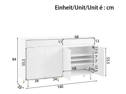 Mueble para zapatos moderno 140x39x84 cm - 2 puertas y 2 cajones - Estantes ajustables - Patas doradas - Blanco