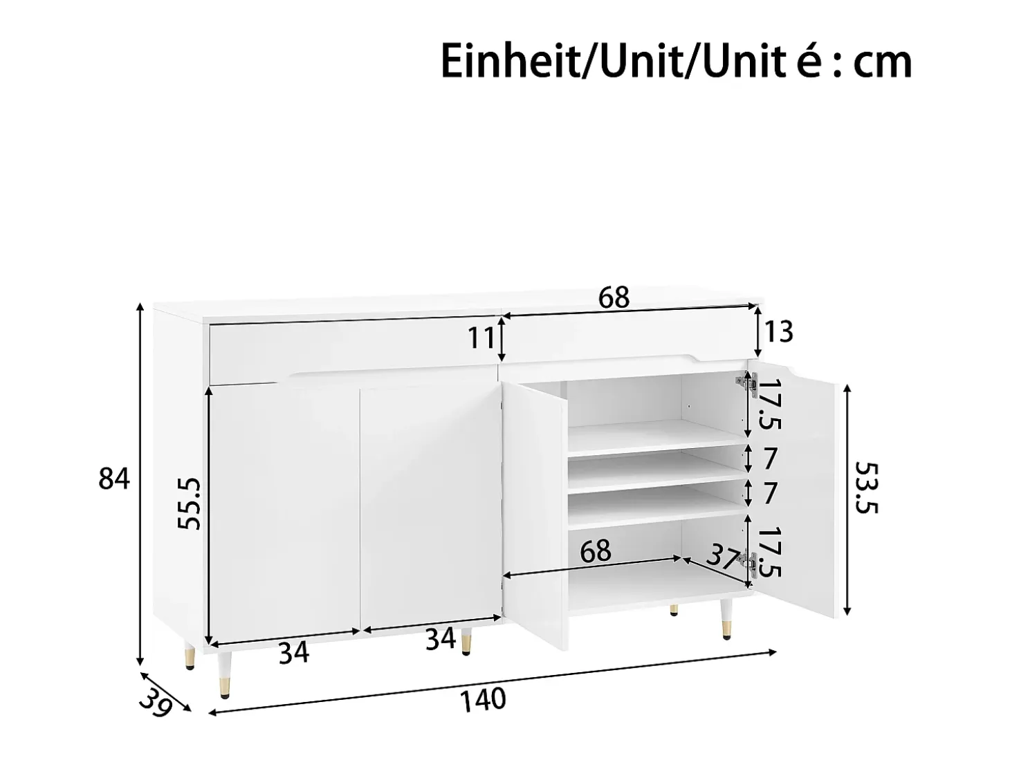 Mueble para zapatos moderno 140x39x84 cm - 2 puertas y 2 cajones - Estantes ajustables - Patas doradas - Blanco