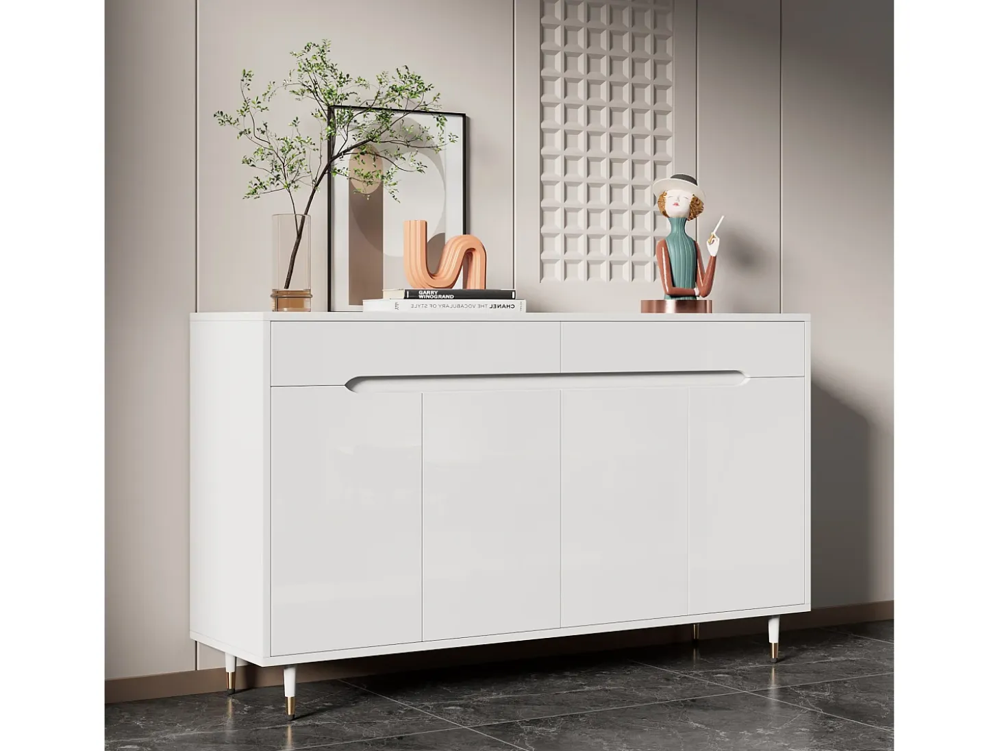 Mueble para zapatos moderno 140x39x84 cm - 2 puertas y 2 cajones - Estantes ajustables - Patas doradas - Blanco