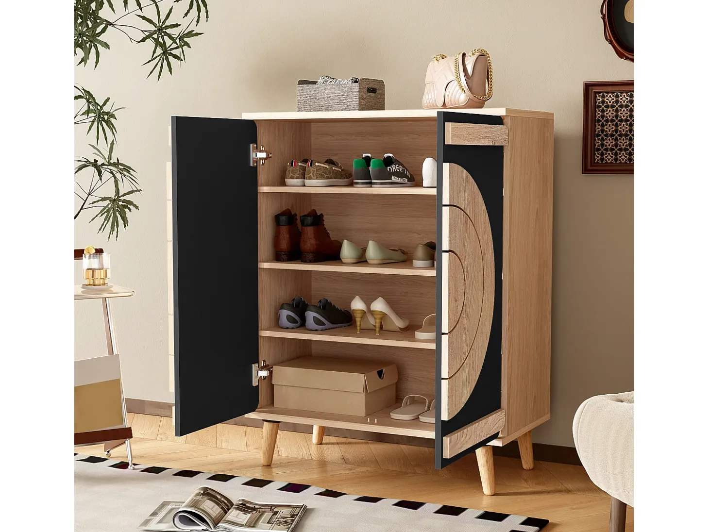 Mueble para zapatos moderno 76x37x98,5 cm - con 2 puertas - Almacenamiento multinivel - Patas de madera - Negro y natural