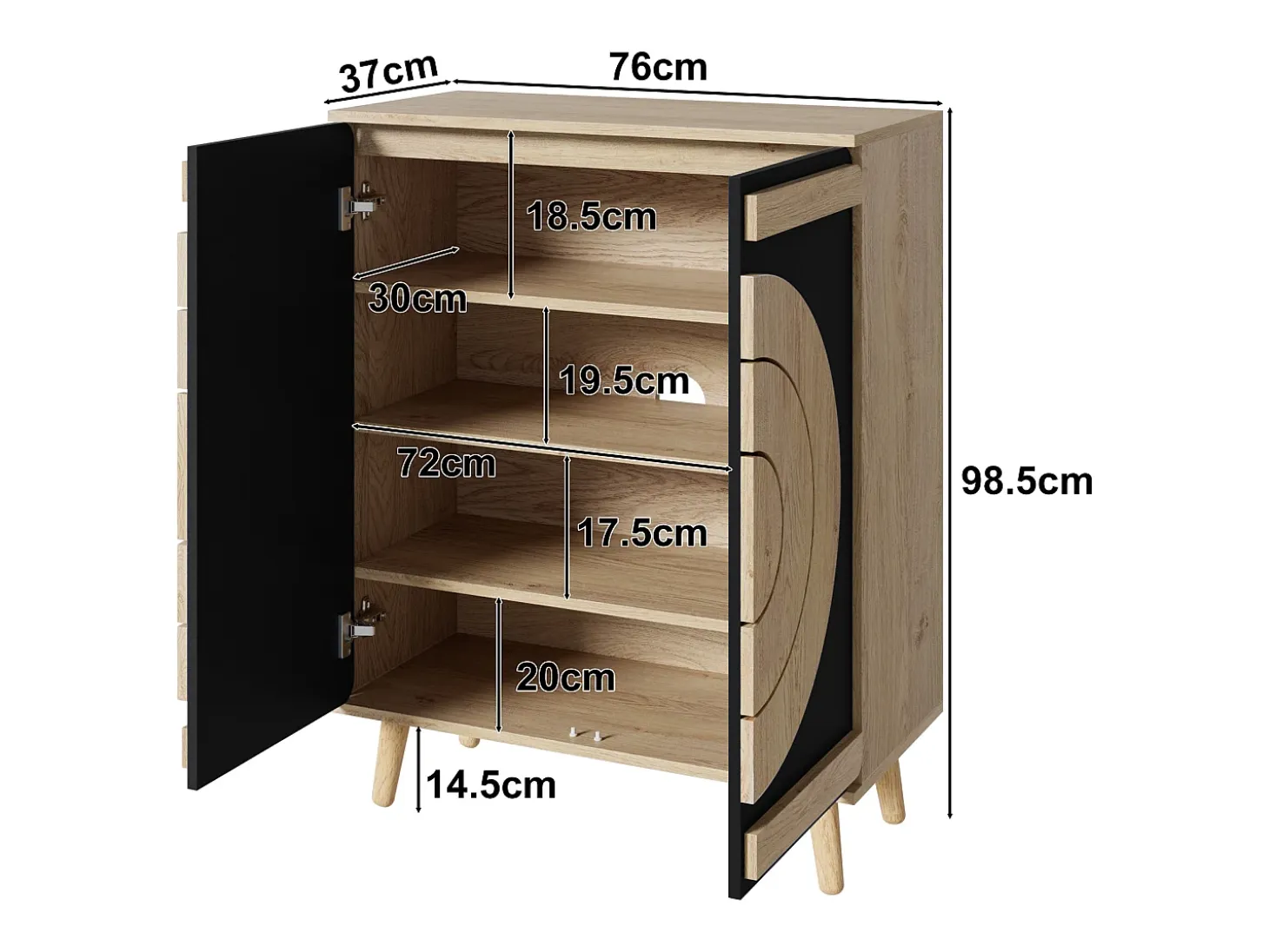 Mueble para zapatos moderno 76x37x98,5 cm - con 2 puertas - Almacenamiento multinivel - Patas de madera - Negro y natural